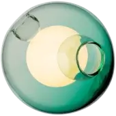 Bocci 28 pendant light, green glass sphere, contains overlapping white translucent forms and curved glass support arm.